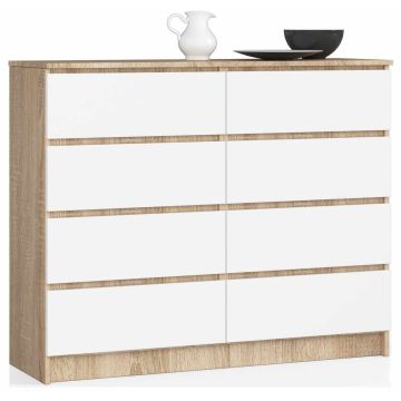 Komoda AKORD K120, 8 szuflad, biało-brązowa, 120 × 99 × 40 cm