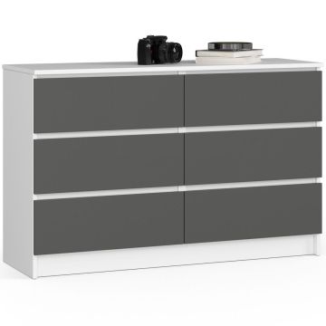 Komoda K120, 6 szuflad, biało-szara, 120 × 77 × 40 cm