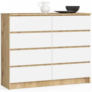 Komoda K120, 8 szuflad, biały/dąb, 120 × 99 × 40 cm
