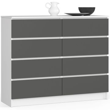 Komoda K120 AkordV2, 8 szuflad, biało-szary, 120 × 99 × 40 cm