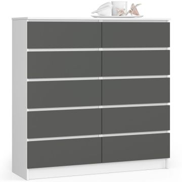 Komoda K120 CLP, 10 szuflad, biało-szara, 120 × 121 × 40 cm
