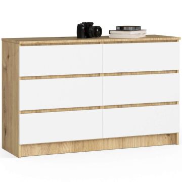 Komoda K120 CLP, 6 szuflad, biały/dąb, 120 × 77 × 40 cm