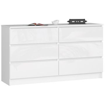 Komoda K140, 6 szuflad, biała, 138 × 77 × 40 cm