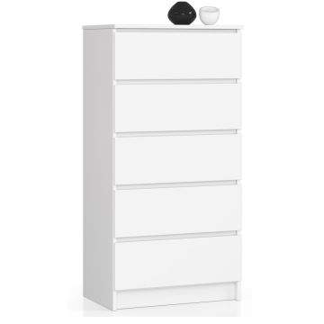 Komoda K60, 5 szuflad, biała, 60 × 121 × 40 cm
