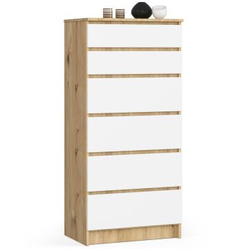Komoda K60, 6 szuflad, biały/dąb, 60 × 130 × 40 cm