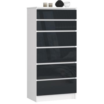 Komoda K60, 6 szuflad, biało-szara, 60 × 130 × 40 cm