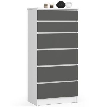 Komoda K60, 6 szuflad, biało-szara, 60 × 130 × 40 cm