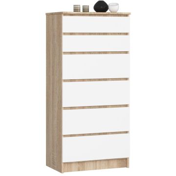 Komoda K60 CLP, 6 szuflad, biało-brązowa, 60 × 130 × 40 cm