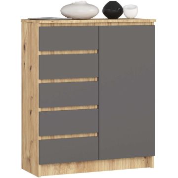 Komoda K80 1D 5SZ, 1 drzwi, 5 szuflad, brązowo-szara, 80 × 97 × 35 cm