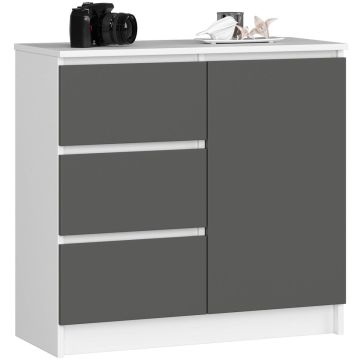 Komoda K80 JERRY, 1 drzwi i 3 szuflady, biało-szara, 80 × 77 × 35 cm