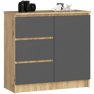 Komoda K80 JERRY, 1 drzwi, 3 szuflady, dąb/szary, 80 × 77 × 35 cm