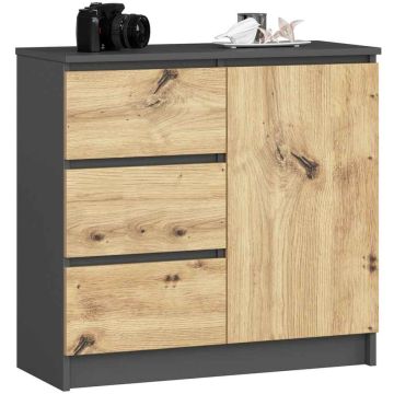 Komoda K80 JERRY CLP, 1 drzwi i 3 szuflady, szary/dąb, 80 × 77 × 35 cm
