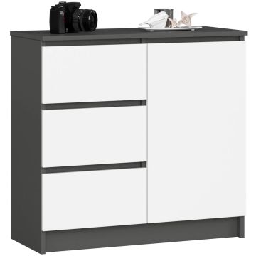Komoda K80 JERRY CLP, 1 drzwi i 3 szuflady, szaro-biała, 80 × 77 × 35 cm