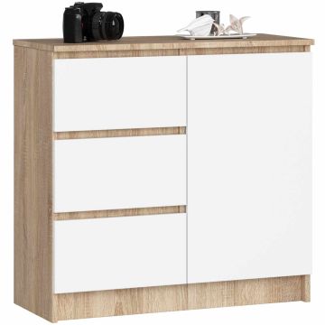 Komoda K80 JERRY, z 1 drzwiami i 3 szufladami, brązowo-biała, 80 × 77 × 35 cm