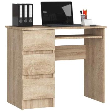 Biurko komputerowe A-6 CLP, lewe, 3 szuflady, brązowe, 90 × 77 × 50 cm