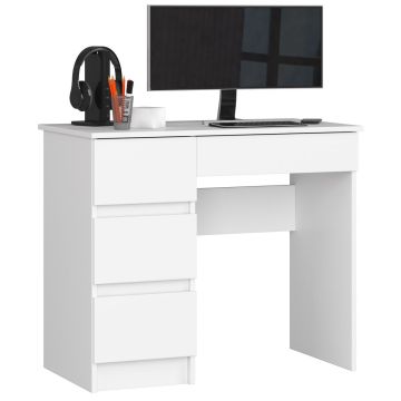Biurko komputerowe AKORD A-7 CLP, lewe, 4 szuflady, białe, 90 × 77 × 50 cm