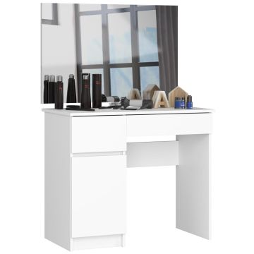 Stolik do makijażu z lustrem AKORD P-2/SL, lewy, 2 szuflady, biały, 90 × 142 × 50 cm