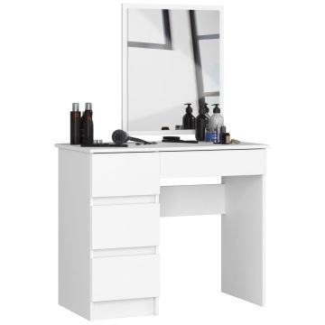 Stolik kosmetyczny z lustrem AKORD T-6/SL, lewy, 4 szuflady, biały, 90 × 142 × 50 cm