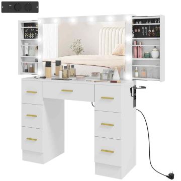 Toaletka z lustrem i 12 diodami LED, biała, 7 szuflad, 6 ukrytych przegródek