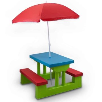 Children's outdoor furniture set, table, 2 benches and umbrella