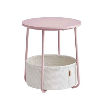 Round side table with fabric basket, pink and white