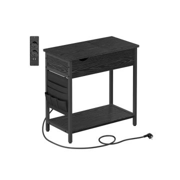 Side table with power socket and USB ports, black with wood grain
