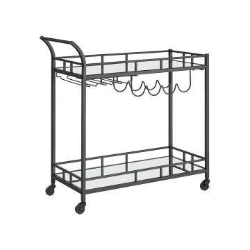 Serving trolley on wheels with 2 mirrored glass shelves, black