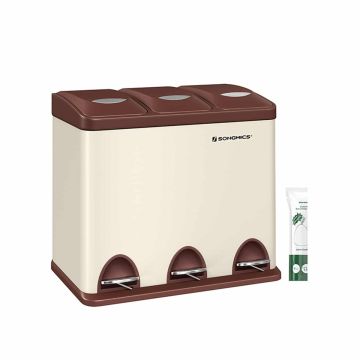 Trash can 3 x 8 liters with lid and inner buckets, creamy white-brown color