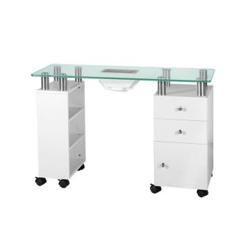 Manicure table Glass 013B, 3 shelves, cabinet and 2 drawers, White, 75 × 110 × 43 cm