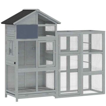 Wooden bird aviary with 6 rails, storage box, removable tray, stainless steel bowls, 196x60x164.5 cm, gray