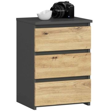 Stolik nocny CL3/40, 3 szuflady, szary/dąb, 40 × 57 × 35 cm