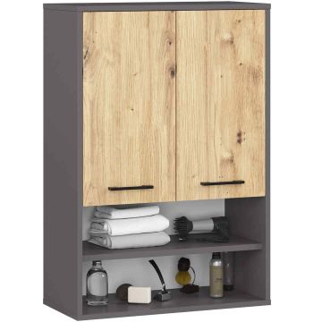 Szafka łazienkowa wisząca AKORD FIN W64 H934, 2 drzwi, 4 półki, szaro-brązowa, 64 × 94 × 30 cm
