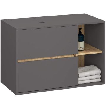 Szafka łazienkowa wisząca pod umywalkę VAMI W90, 2 szuflady i 2 otwarte półki, szaro-brązowa, 90 × 60 × 45,5 cm