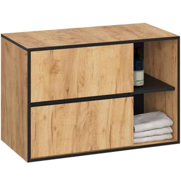 Szafka łazienkowa wisząca VAMI W90, 2 szuflady, 2 otwarte półki, brązowo-czarna, 90 × 60 × 45,5 cm