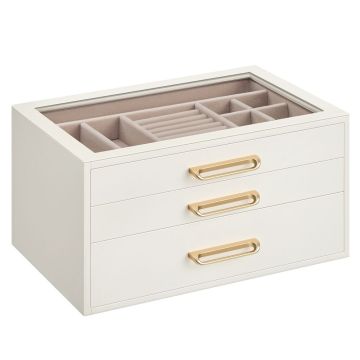 Pudełko na biżuterię SONGMICS JBC206WD01, 3 poziomy, 3 szuflady, 16 × 24 × 12,5 cm