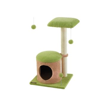 Cat scratching post with cave and toy, green-brown