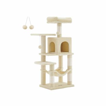 Cat scratching post 112 cm with platforms and hammock, beige