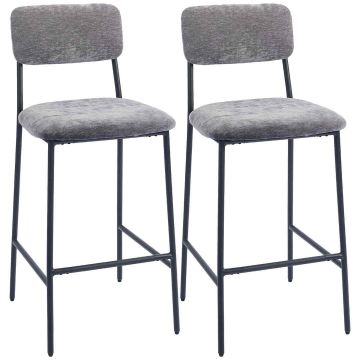 Grey bar stools, set of 2, with backrest and footrest, chenille fabric, steel
