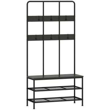 Hallway coat rack, 3 in 1, 6 hooks, 2 shelves, Black, 91 × 180 × 36 cm