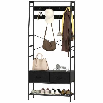 Hallway coat rack, 8 hooks and 2 drawers, Black, 80 × 30 × 180.5 cm