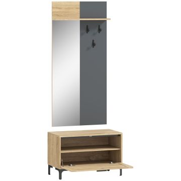 Zestaw do przedpokoju, lustro, 3 wieszaki i ławka na buty, wielokolorowy, 60 × 127,5 × 13,5 cm