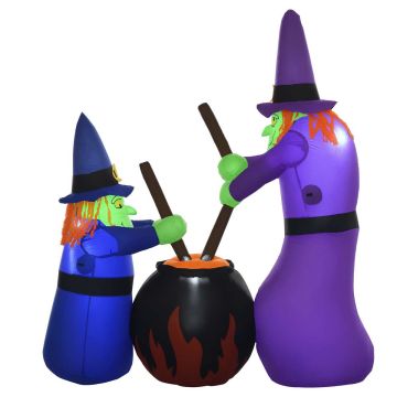 Nadmuchiwana figura czarownicy na Halloween, z kotłem i oświetleniem LED, wielokolorowa, 170 × 60 × 180 cm