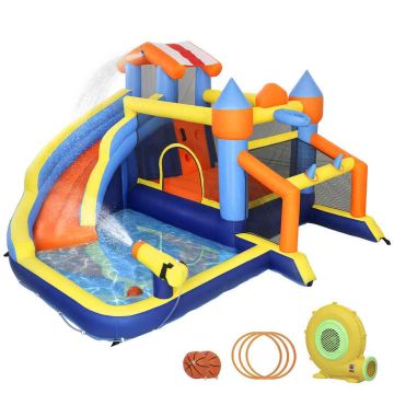 Dmuchany zamek do zabawy dla dzieci, trampolina, zjeżdżalnia i basen, wielokolorowy, 350 × 325 × 210 cm