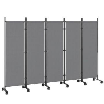 Privacy screen, 5 panels and 12 castors, Grey, 252 × 170 × 40 cm