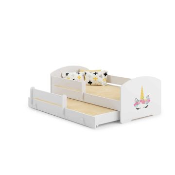 Children's double bed Luk with mattress and safety barrier 164x85x63 / 145x80x15cm, unicorn