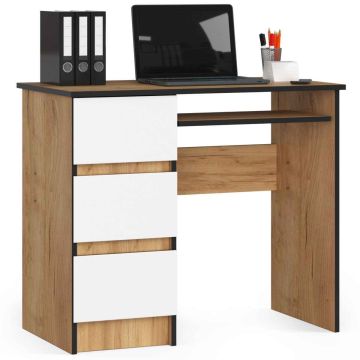Biurko AKORD A-6 CLP, lewe, 3 szuflady, dąb/biały, 90 × 77 × 50 cm