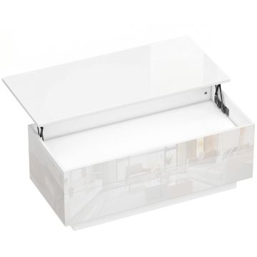 Stolik kawowy regulowany na wysokość 102x48x54,5 cm, połyskujący biały, z 2 szufladami