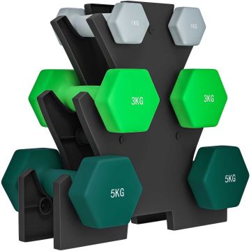 Set of 8 dumbbells with stand Sportnow, assorted colors