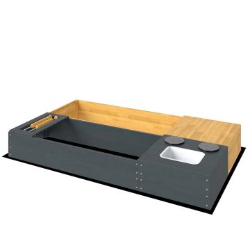 Sandbox, 2 boxes, sink and seats, 150 × 90 × 19.5 cm