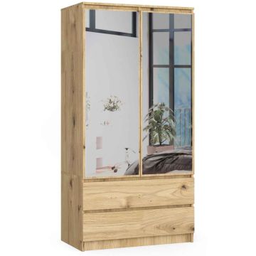 Szafa AKORD S90, 2 drzwi, 2 szuflady, 2 lustra, kolor dąb, 90 × 180 × 51 cm